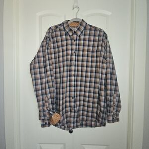 Cinch Men's Long Sleeve Plaid Shirt Navy  Orange Cotton Contrasting Cuff SZ M